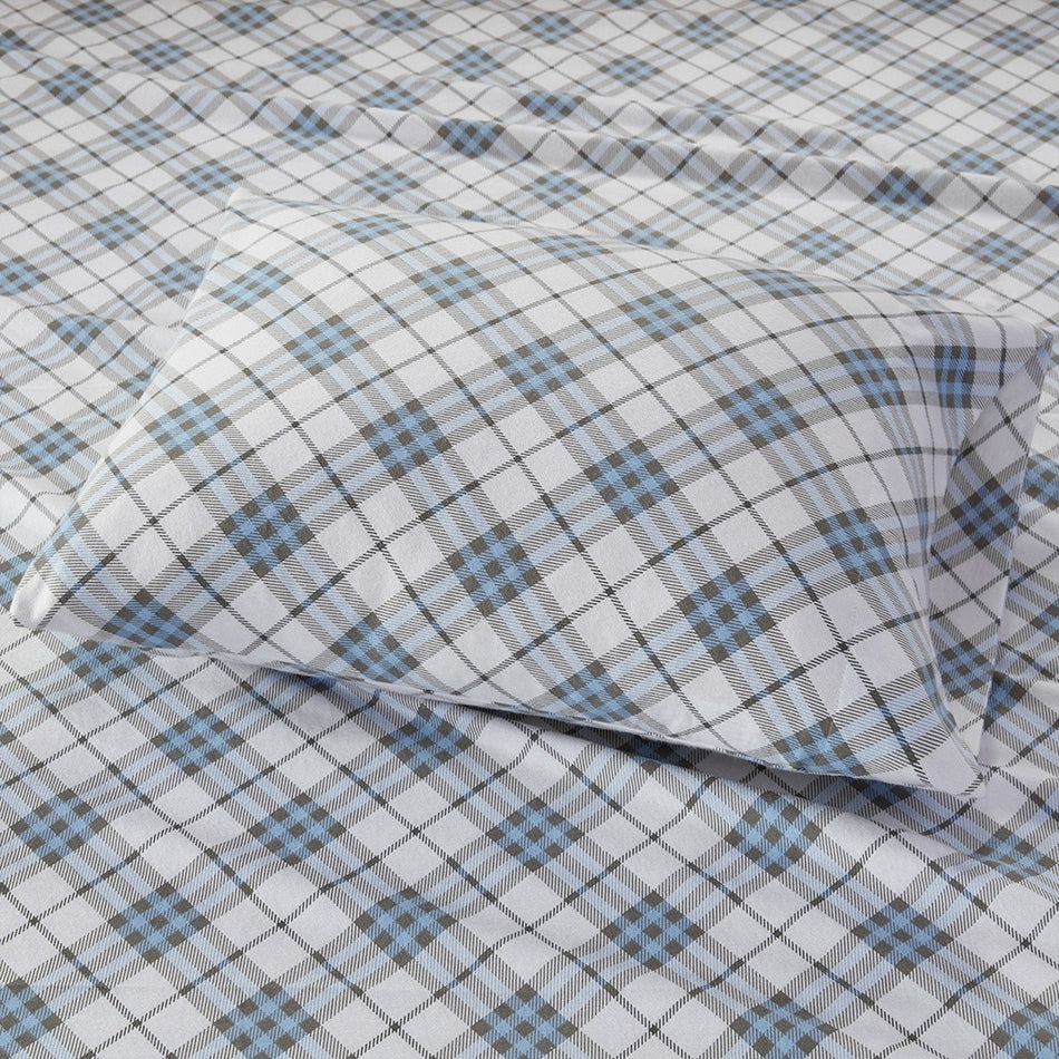 Cozy Cotton Flannel Printed Sheet Set - Blue Plaid - Cal King Size