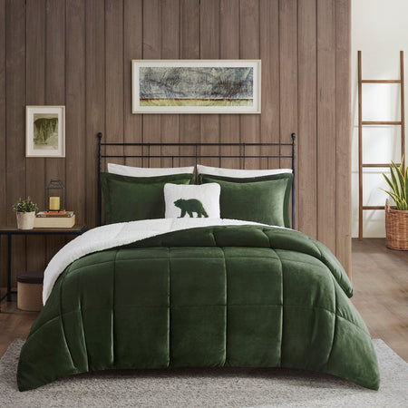 Woolrich Alton Plush to Sherpa Down Alternative Comforter Set - Green / Ivory  - Full Size / Queen Size Shop Online & Save - ExpressHomeDirect.com