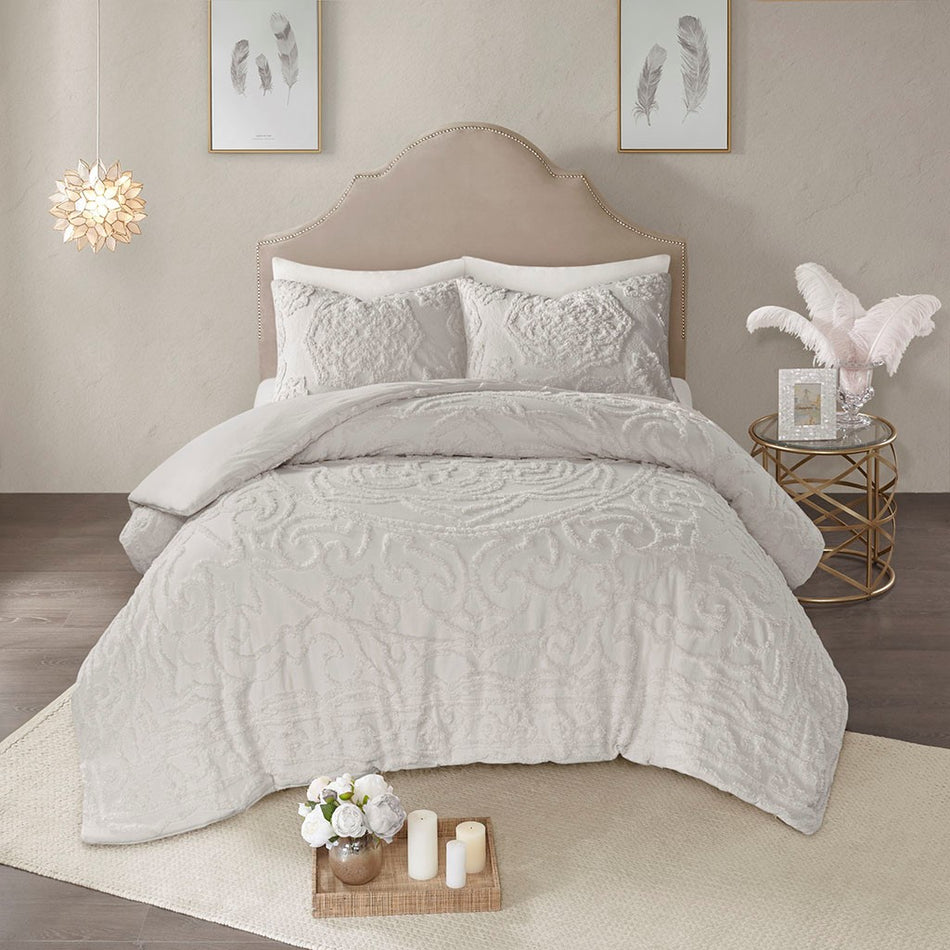 Laetitia 3-Piece Tufted Cotton Chenille Medallion Duvet Cover Set - Grey - King Size / Cal King Size