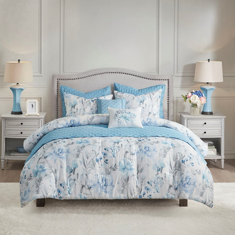 Pema 8 Piece Printed Seersucker Comforter and Coverlet Set Collection - Blue - Full Size / Queen Size