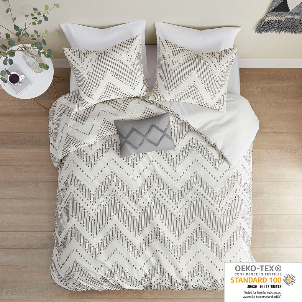 Urban Habitat Bayside 4 Piece Cotton Clip Jacquard Duvet Cover Set - Grey - King Size / Cal King Size