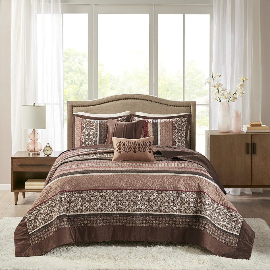 Princeton 5 Piece Reversible Jacquard Bedspread Set - Red - King Size