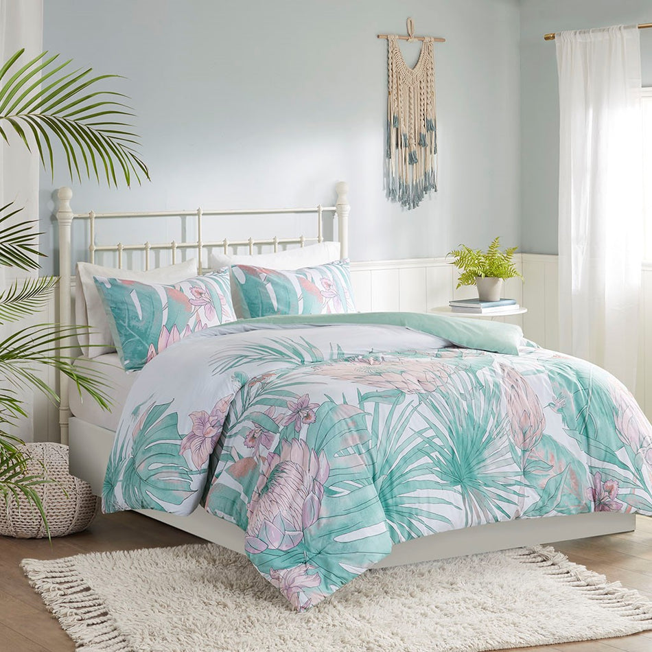 Keilani 3 Piece Cotton Printed Duvet Cover Set - Aqua - King Size / Cal King Size