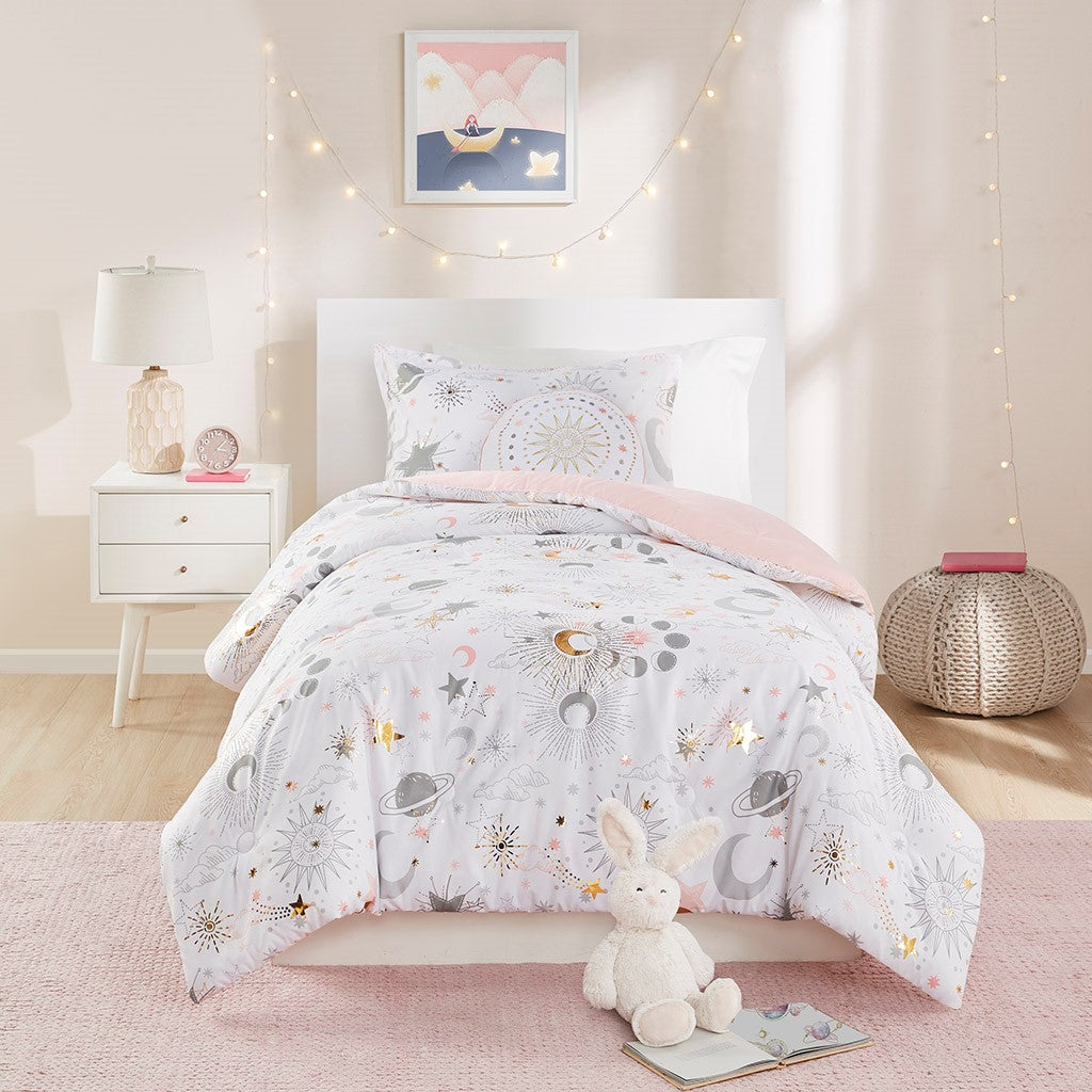 Mi Zone Kids Celia Starry Sky Metallic Printed Comforter Set - Blush / Gold  - Full Size / Queen Size Shop Online & Save - ExpressHomeDirect.com