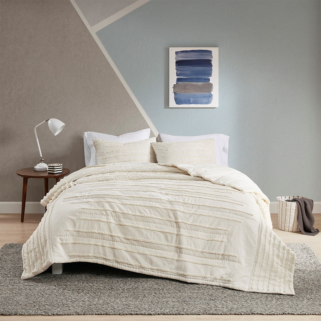 Urban Habitat Mercer 3 Piece Cotton Quilt Set with Chenille Trims - Ivory  - Full Size / Queen Size Shop Online & Save - ExpressHomeDirect.com