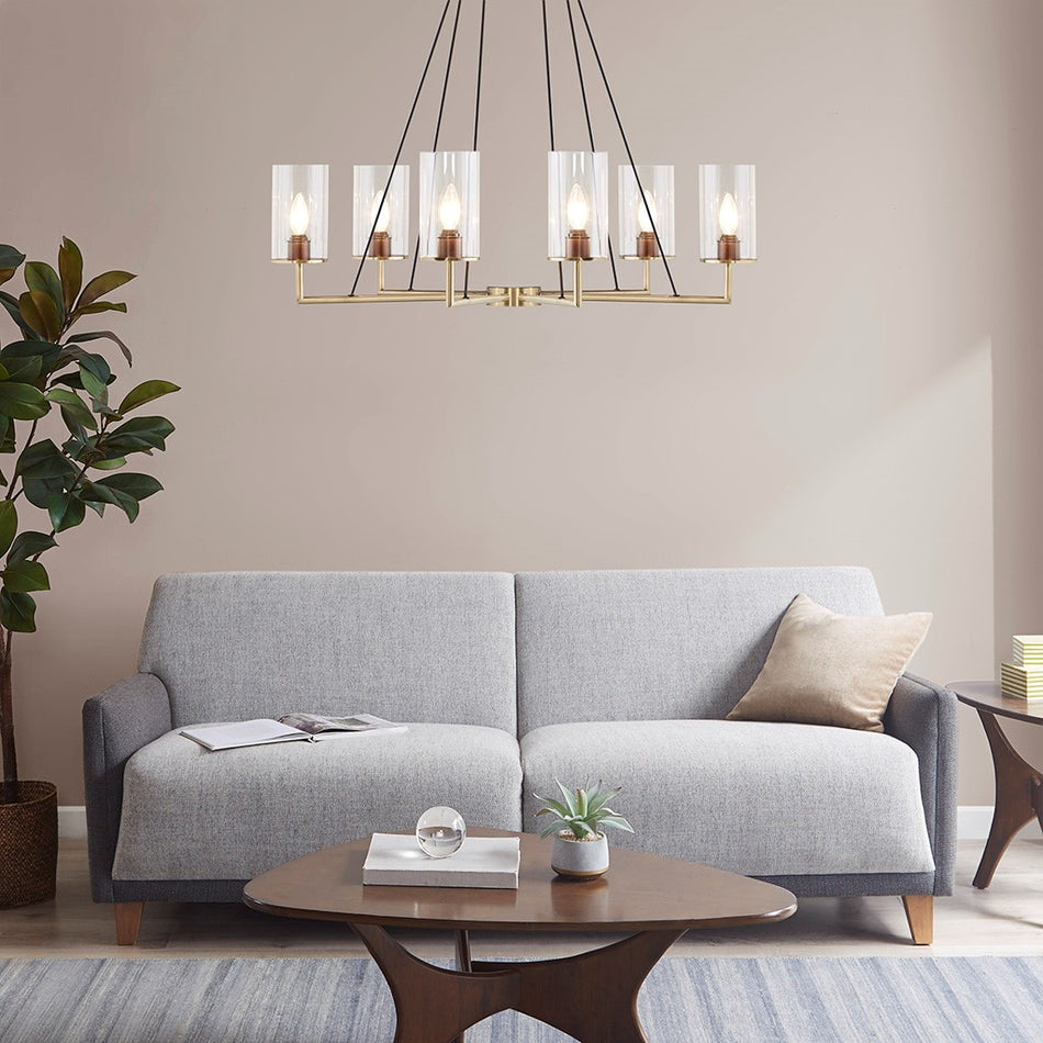 Trenton 6-Light Chandelier with Cylinder Glass Shades - Antique Brass