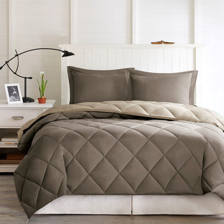 Madison Park Essentials Larkspur 3M Scotchgard Diamond Quilting Reversible Down Alternative Comforter Set - Brown / Sand - King Size