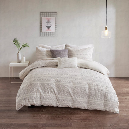 Urban Habitat Lizbeth 5 Piece Cotton Clip Jacquard Duvet Cover Set - White / Grey  - Full Size / Queen Size Shop Online & Save - ExpressHomeDirect.com