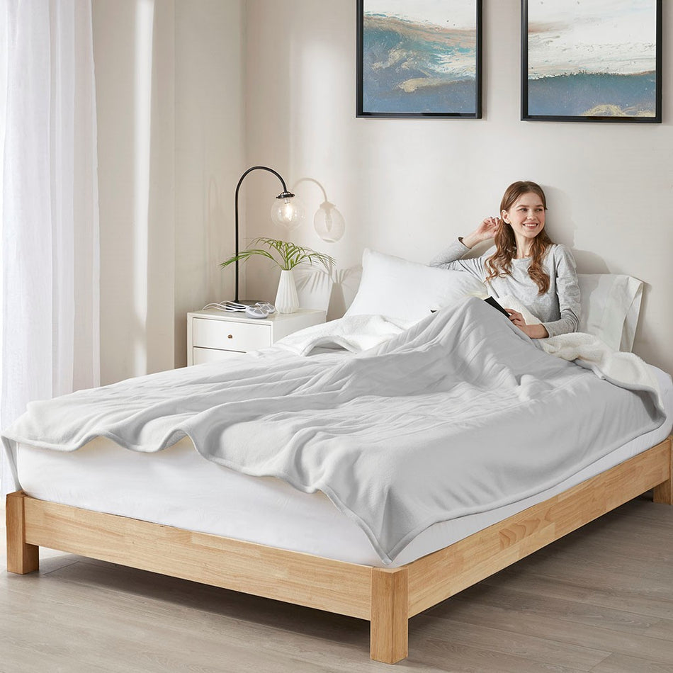 Fleece to Sherpa Heated Blanket - Light Grey - Full Size