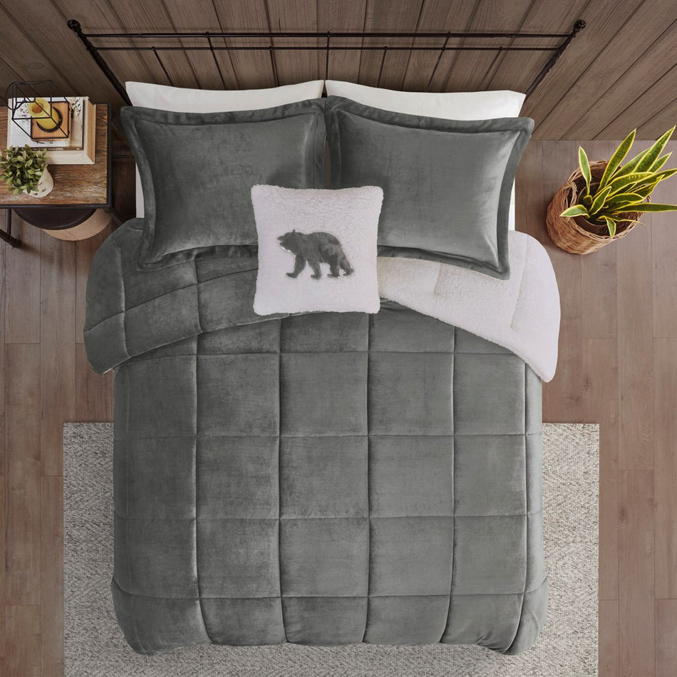 Alton Plush to Sherpa Down Alternative Comforter Set - Charcoal / Ivory - Twin Size