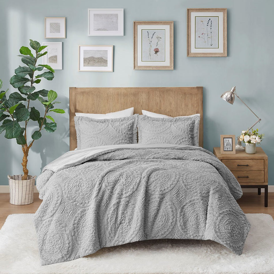 Arya Embroidered Medallion Faux Fur Ultra Plush Comforter Mini Set - Grey - King Size / Cal King Size