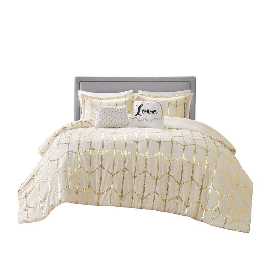Raina Metallic Printed Duvet Cover Set - Ivory / Gold - Full Size / Queen Size